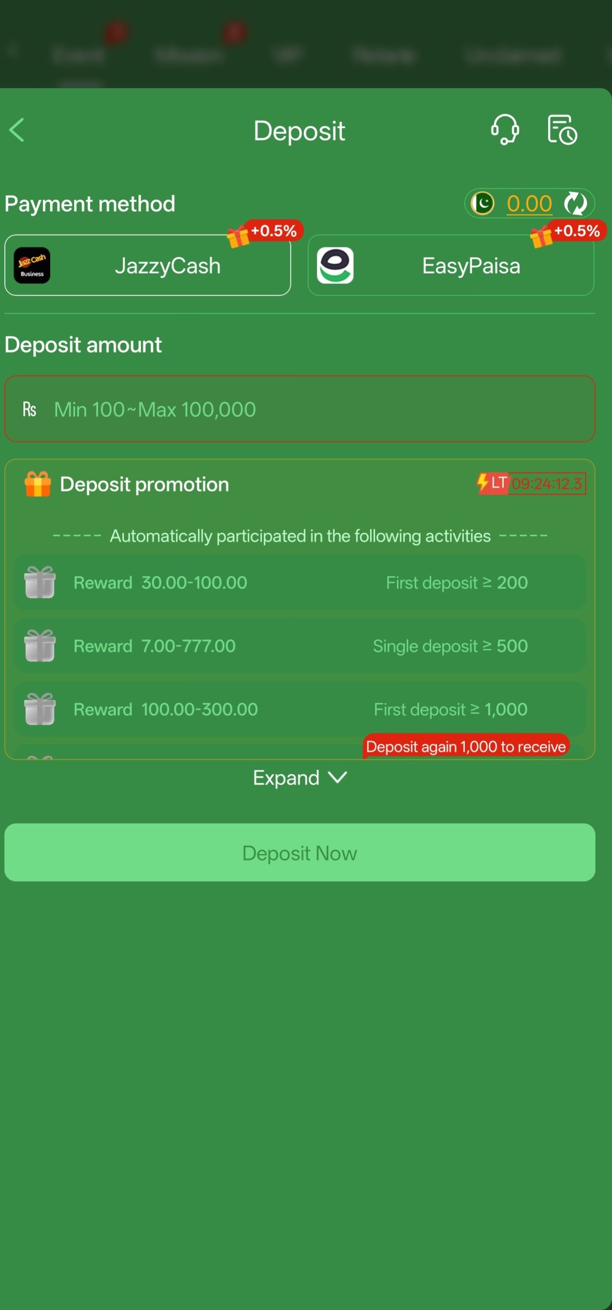 777cx app deposit screen showing JazzCash and EasyPaisa payment methods with deposit promotion rewards