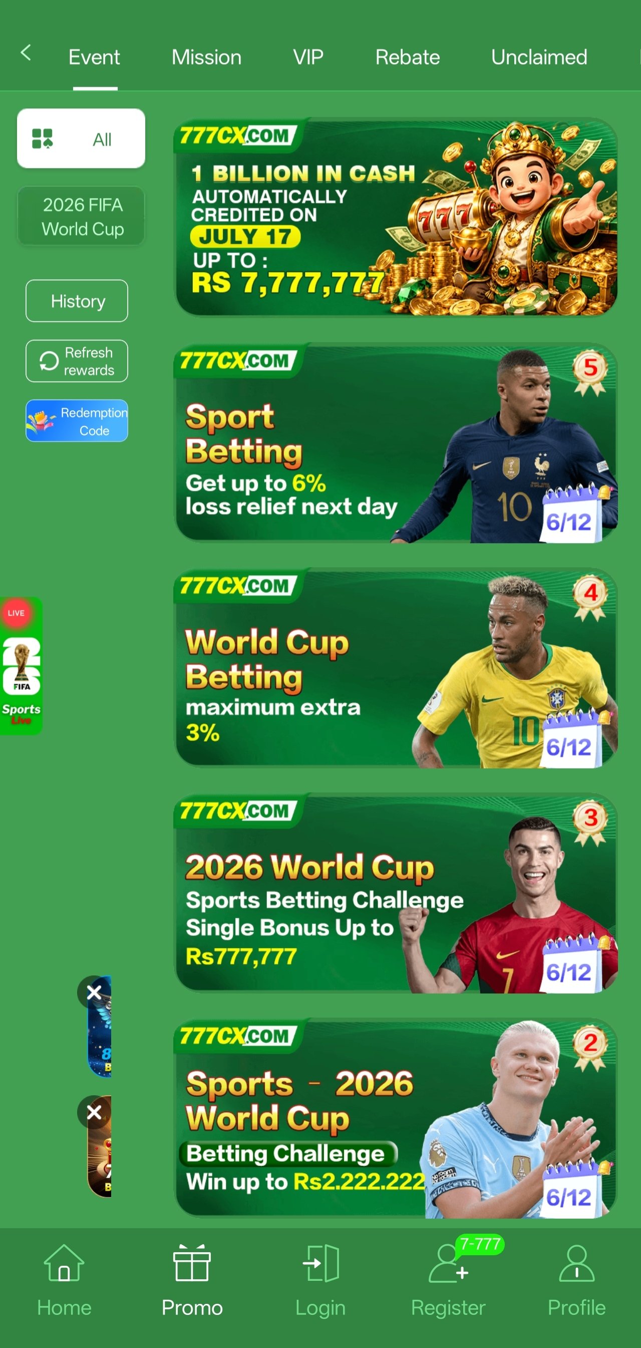 777cx app screenshot — promotions and bonus hub